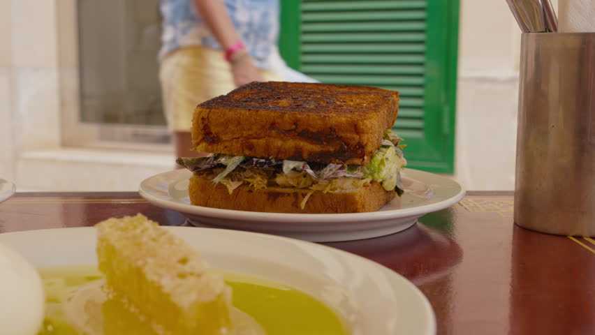Close up of a golden toasted sandwich filled with fresh salad on a white plate, green shutters in the background. Appetizing lunch scene for gastronomy and travel food use.