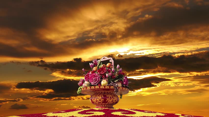 Huge flower basket (against the sunset) in Tiananmen square, Beijing, China. 4K, time lapse, with zoom 