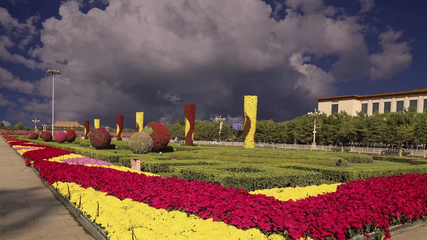 Tiananmen square, Beijing, China (against the background of a beautiful sky with clouds). 4K, time lapse, with zoom 