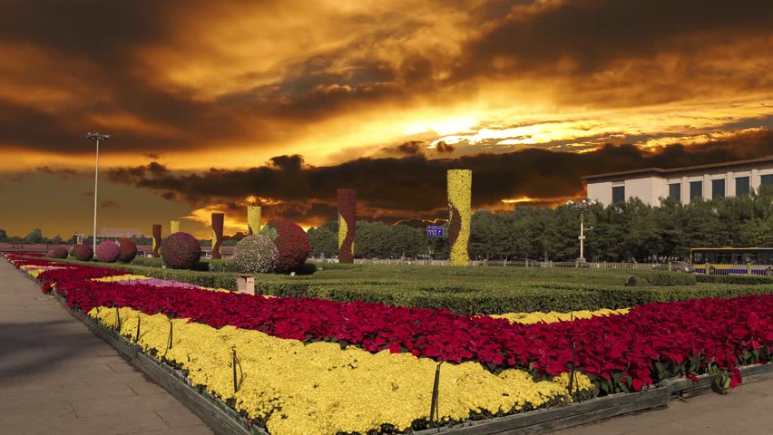 Tiananmen square, Beijing, China (against the sunset). 4K, time lapse, with zoom