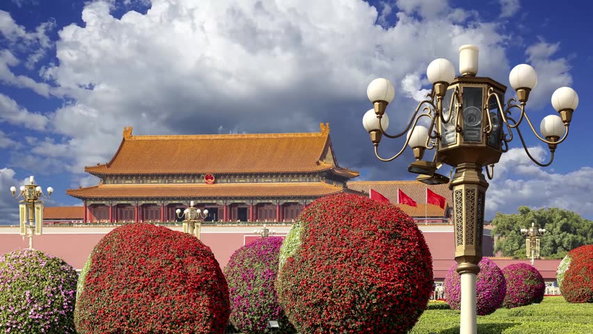 Street lamp in the Tiananmen square, Beijing, China (against the background of a beautiful sky with clouds). 4K, time lapse, with zoom 