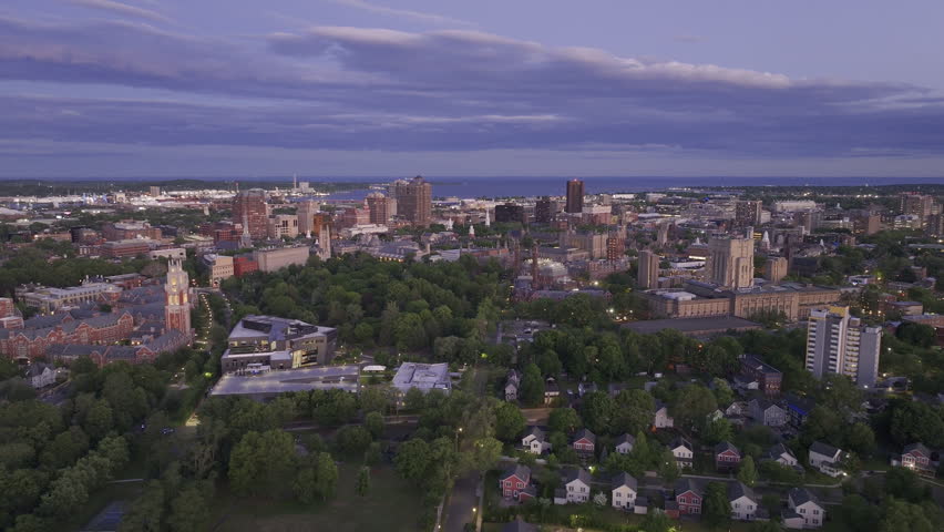 Aerial view of Yale University at night