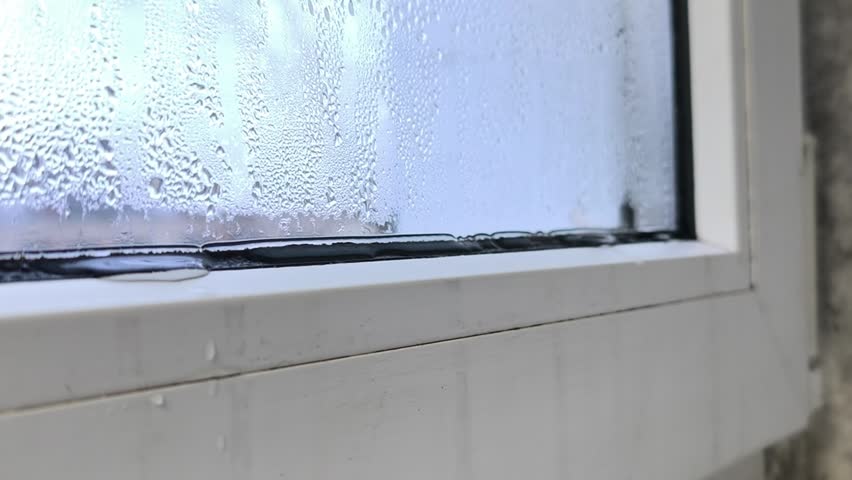 Condensation completely obscures the view through a window, with countless tiny water droplets covering the surface, a sign of poor thermal insulation and air circulation.