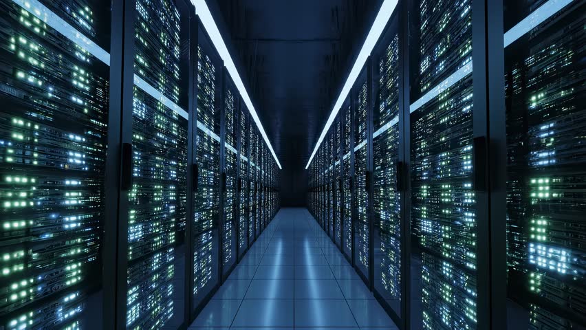 Seamless forward dolly shot through a futuristic server room aisle. Blinking green lights on racks reflect on the floor. Perfect for big data, AI, and cloud computing concepts.