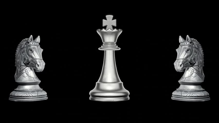 Abstract silver chess pieces featuring a king and knights in a luxury 3d animation loop for vj backgrounds and cinematic 3d video motion graphics