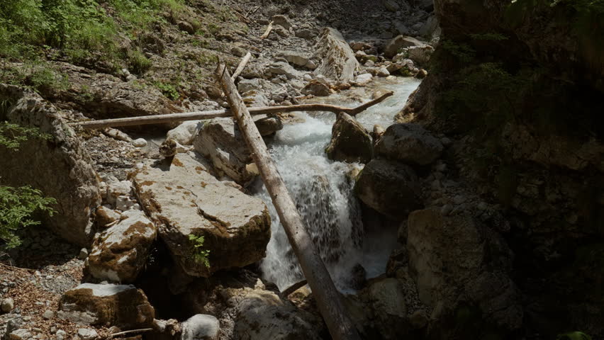 A mountain stream flows through a rocky gorge with fallen logs crossing the water. Sunlight and shadows fall across boulders, stones, and fast moving current.