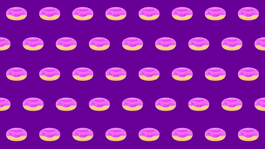 Seamless animation shows donuts rotating on a purple background. Animated donuts have pink icing and rainbow sprinkles. Great for food themed content and animations.