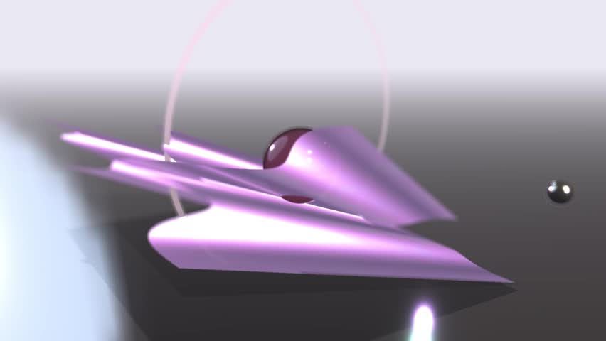 Futuristic 3D animation of an abstract purple metallic geometric object carrying a dark sphere flying through a dark space with sweep spotlights and glowing rings.