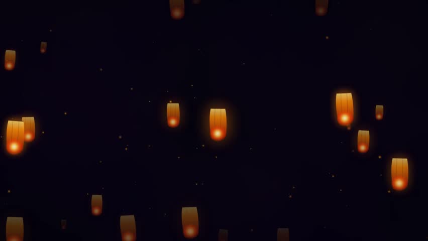 Many glowing orange paper lanterns float slowly upward against a dark night background with subtle stars a warm peaceful and atmospheric celebration scene.