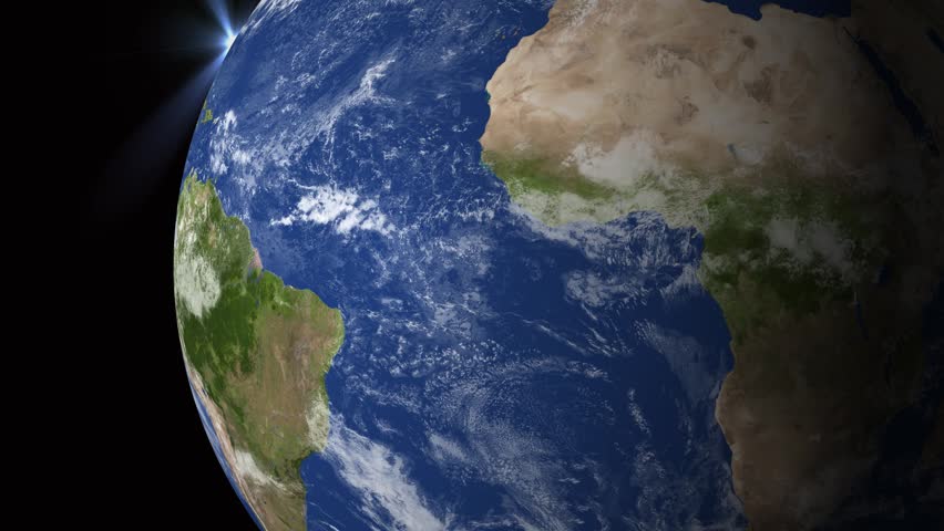 Cinematic close up of Earth featuring detailed clouds, oceans, continents, and bright sunlight from outer space in ultra high definition.