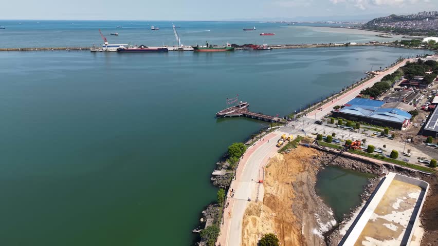Cinematic Aerial View of Samsun City Center and the Black Sea Coastline, Turkey
