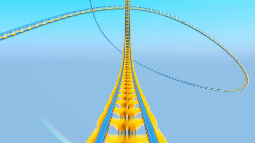 POV animation on roller coaster track toward a clear blue summer sky at an amusement park, offering a thrilling experience for adventurous thrill-seekers.