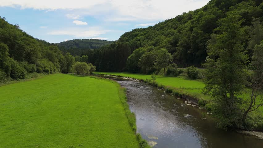 Aerial Flight Along Sauer River Valley in Luxembourg