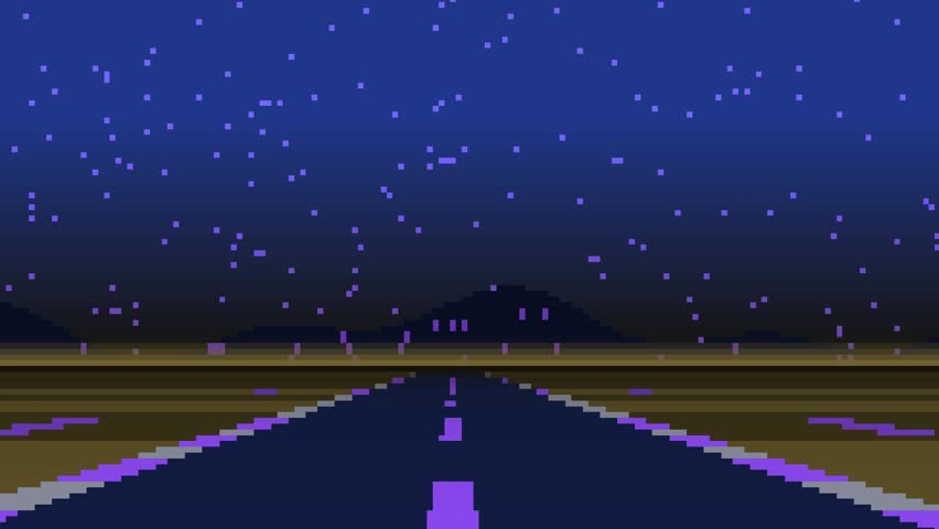 Pixel art highway road animation under a starry night sky desert landscape