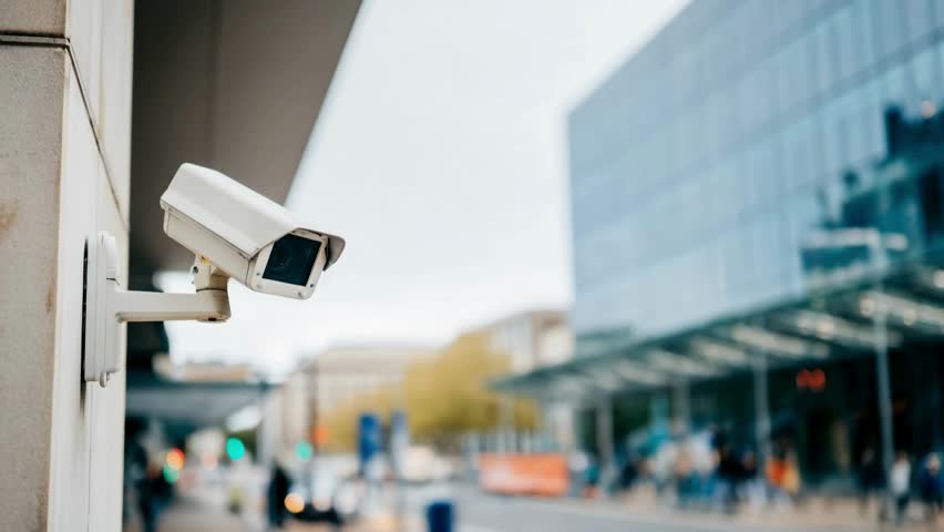Surveillance camera on building wall monitors city street activity highlighting busy traffic flow, urban life, and contemporary architecture with reflective glass surfaces in view.