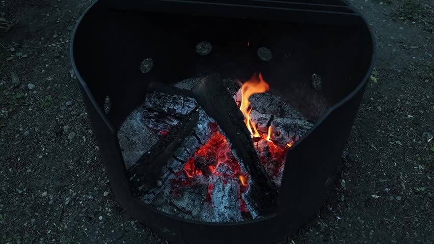 Burning Campfire in a Metal Fire Ring at a Forest Campsite
