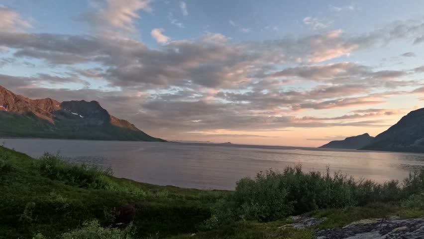 Norwegian fjord landscape during polar day