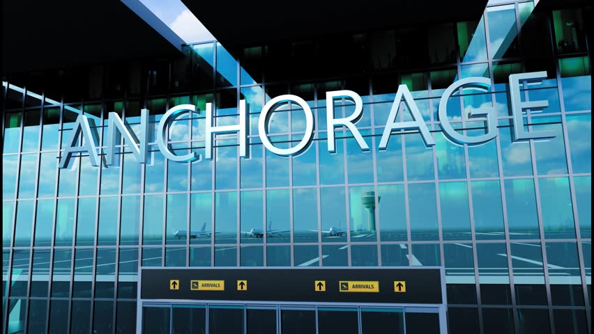 Airlane landing at Anchorage, USA. Arrival in the city with reflection of airport and aircraft