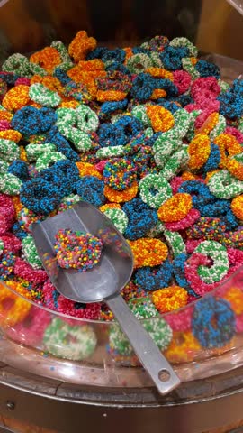 Bright colorful gummy candies displayed in retail setting. Chewy sweets made with agar, gelatin are arranged in attractive assortment. Confectionery presentation, vivid colors, and appealing textures.