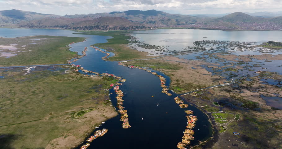 Self-fashioned Uros floating islands on Lake Titicaca in Peru. High aerial