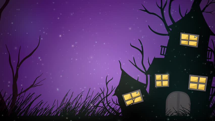 Animated silhouette of a spooky mansion under a purple night sky with drifting glowing particles.