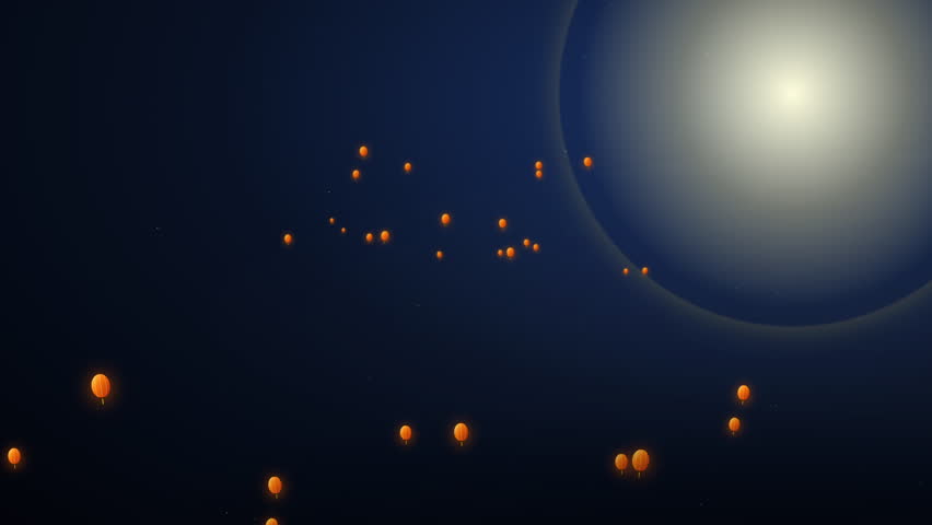 Multiple glowing sky lanterns float upwards into a dark night sky with a bright full moon.