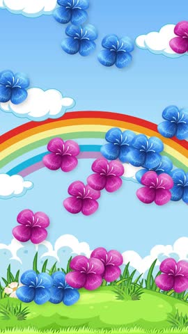 Pink and blue flowers fall through a sunny sky with rainbow, clouds, and grassy hills.