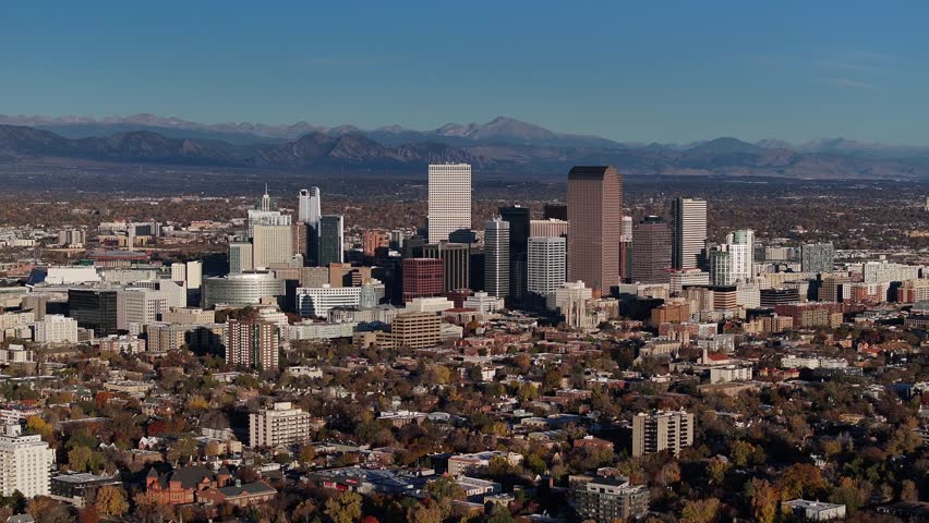 Aerial view of the city skyline of Denver, Colorado, USA