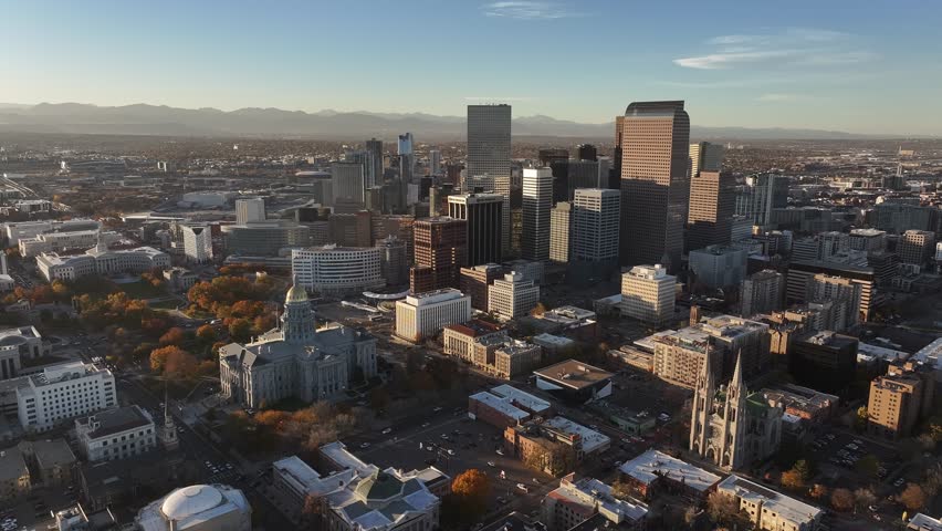 Aerial view of the city skyline of Denver, Colorado, USA