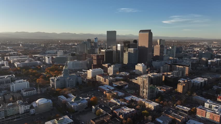 Aerial view of the city skyline of Denver, Colorado, USA