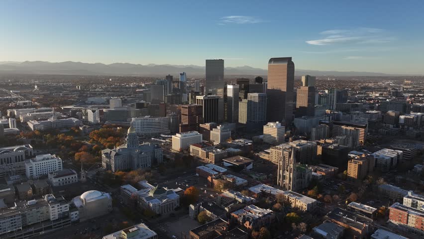 Aerial view of the city skyline of Denver, Colorado, USA