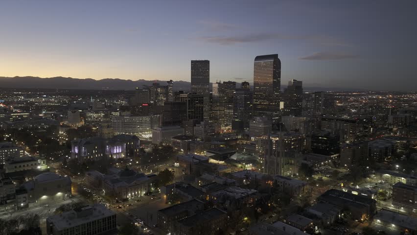 Aerial view of the night skyline of Denver city, Colorado, USA