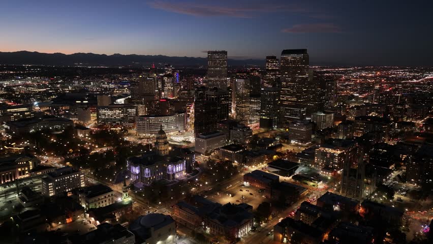 Aerial view of the night skyline of Denver city, Colorado, USA