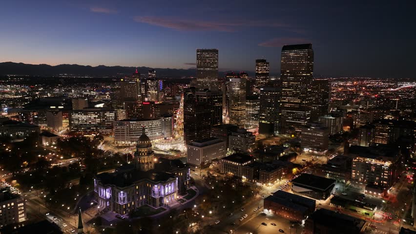 Aerial view of the night skyline of Denver city, Colorado, USA