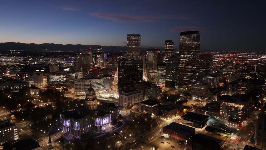 Aerial view of the night skyline of Denver city, Colorado, USA