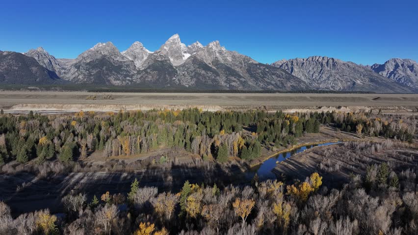 Aerial view of the natural scenery of forests and rivers in Grand Teton National Park, USA