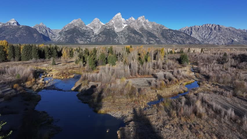 Aerial view of the natural scenery of forests and rivers in Grand Teton National Park, USA