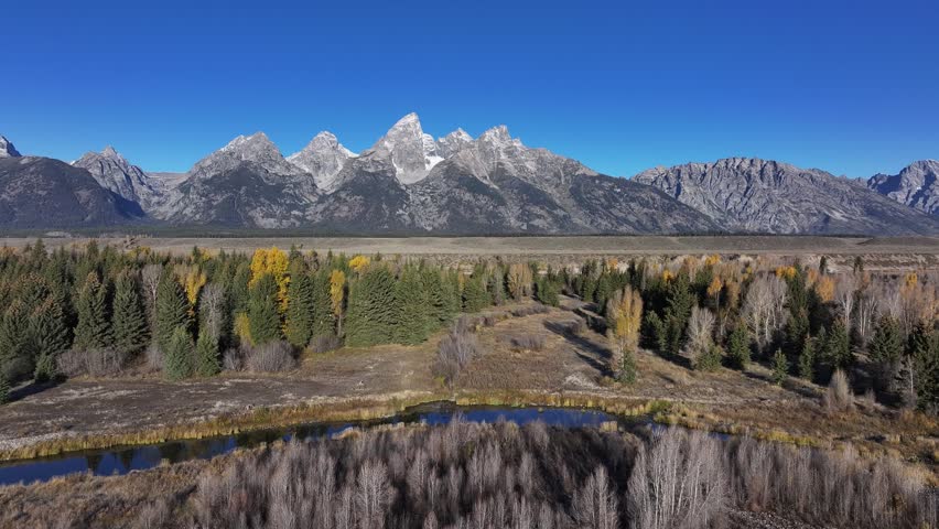 Aerial view of the natural scenery of forests and rivers in Grand Teton National Park, USA
