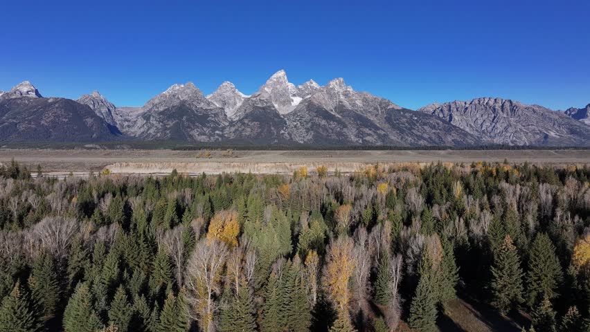 Aerial view of the natural scenery of forests and rivers in Grand Teton National Park, USA
