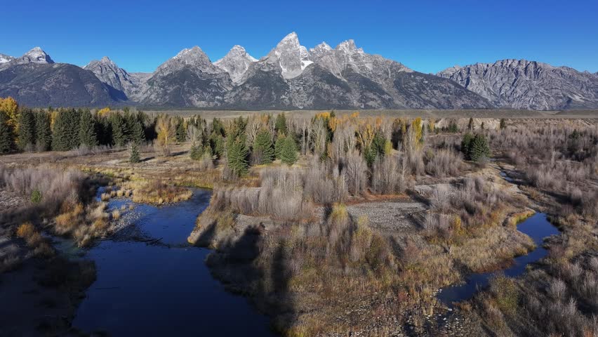 Aerial view of the natural scenery of forests and rivers in Grand Teton National Park, USA