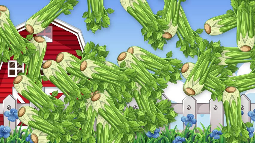Animated green celery stalks fall continuously against a rural farm landscape with blue sky.
