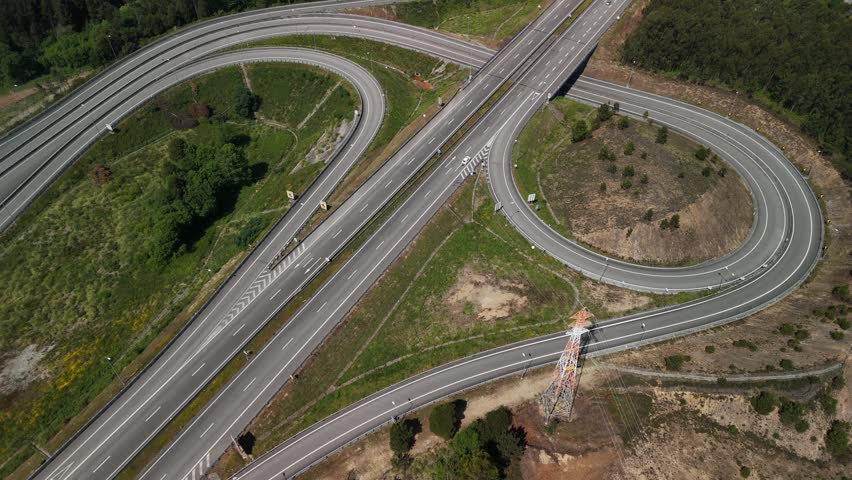 Highway Interchange Aerial Shot During Sunset with Traffic
