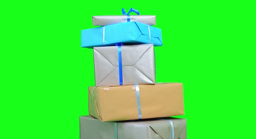 Stack of colorful wrapped gift boxes with ribbons suddenly falls and scatters in seamless looping animation on solid bright green chroma key background. Perfect for celebration, birthday and surprise themes.