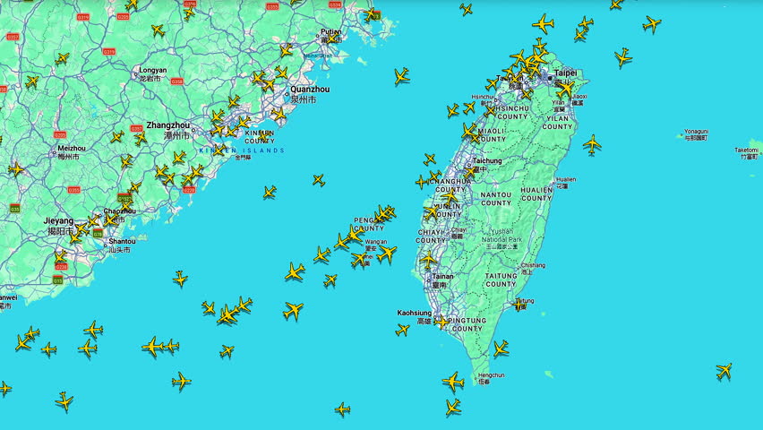 Air Traffic Between Taiwan and Mainland China Over Taiwan Strait, aviation map displaying aircraft routes across East Asia