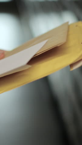 Vertical video Close up woman is opening envelope with Payment notification letter while standing in front of mailboxes in her apartment building. Mail shipping concept.
