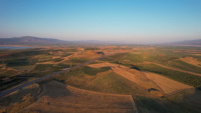 Aerial view of the historic Lydian Tumuli of Bin Tepe surrounded by agricultural fields and orchards under a clear sky in Salihli, Manisa, Turkiye.