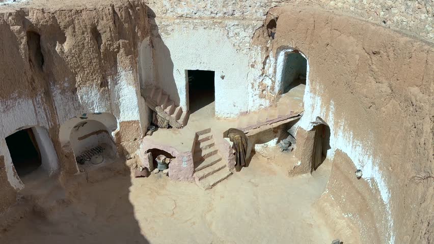 Sunlit courtyard of a traditional Matmata troglodyte cave house with carved stairs, doorways and arid hills around, Tunisia.