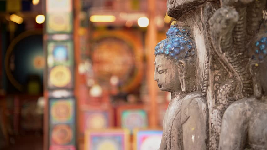 Close Up of Buddhist Buddha Statue at Temple in Kathmandu Nepal, Close Up Detail of Buddhist Stone Statues at a Famous Religious Site for Buddhism Religion
