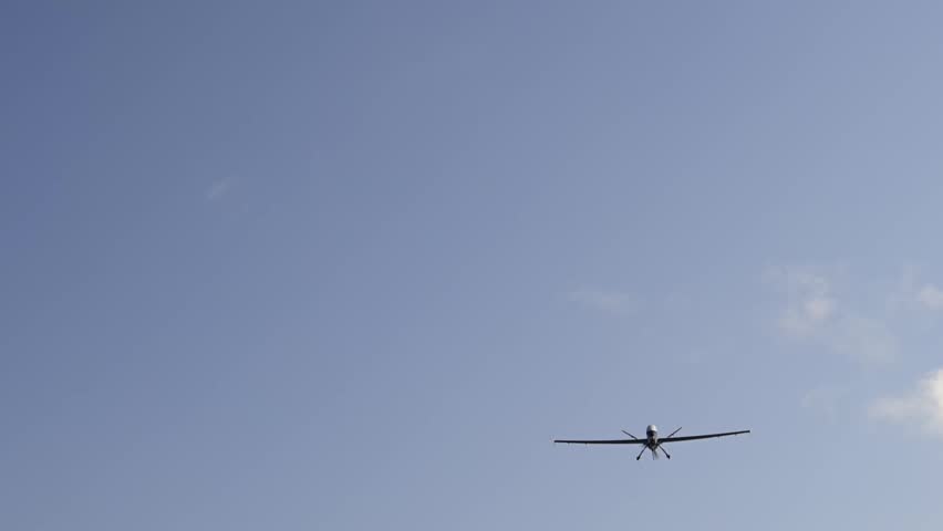 Military Drone Performing Landing Approach at César Manrique-Lanzarote Airport Airbase in Canary Islands, Spain