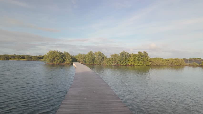 POV walking along wooden boardwalk through lagoon in Los Roques Venezuela